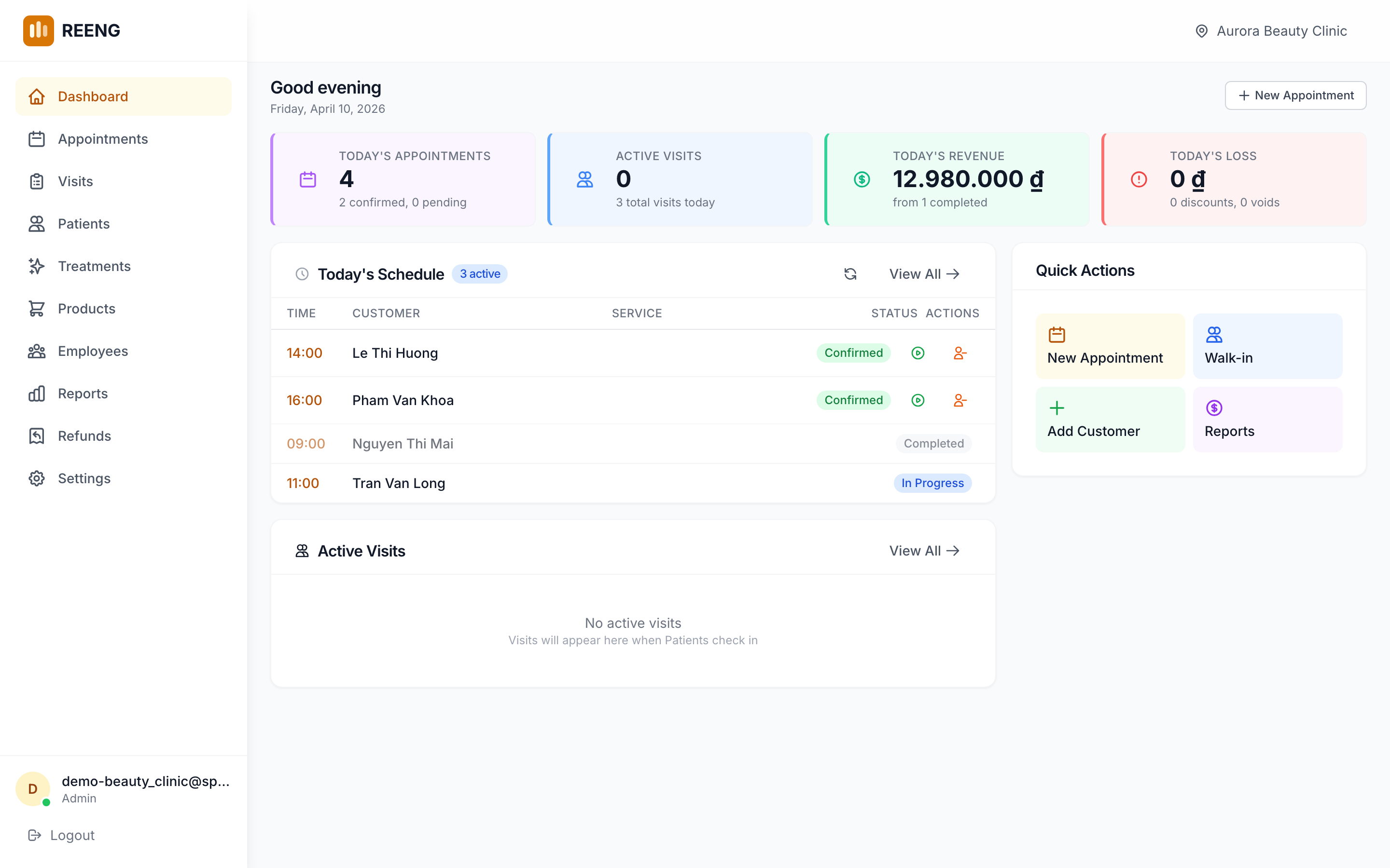 Aurora Beauty Clinic dashboard in REENG