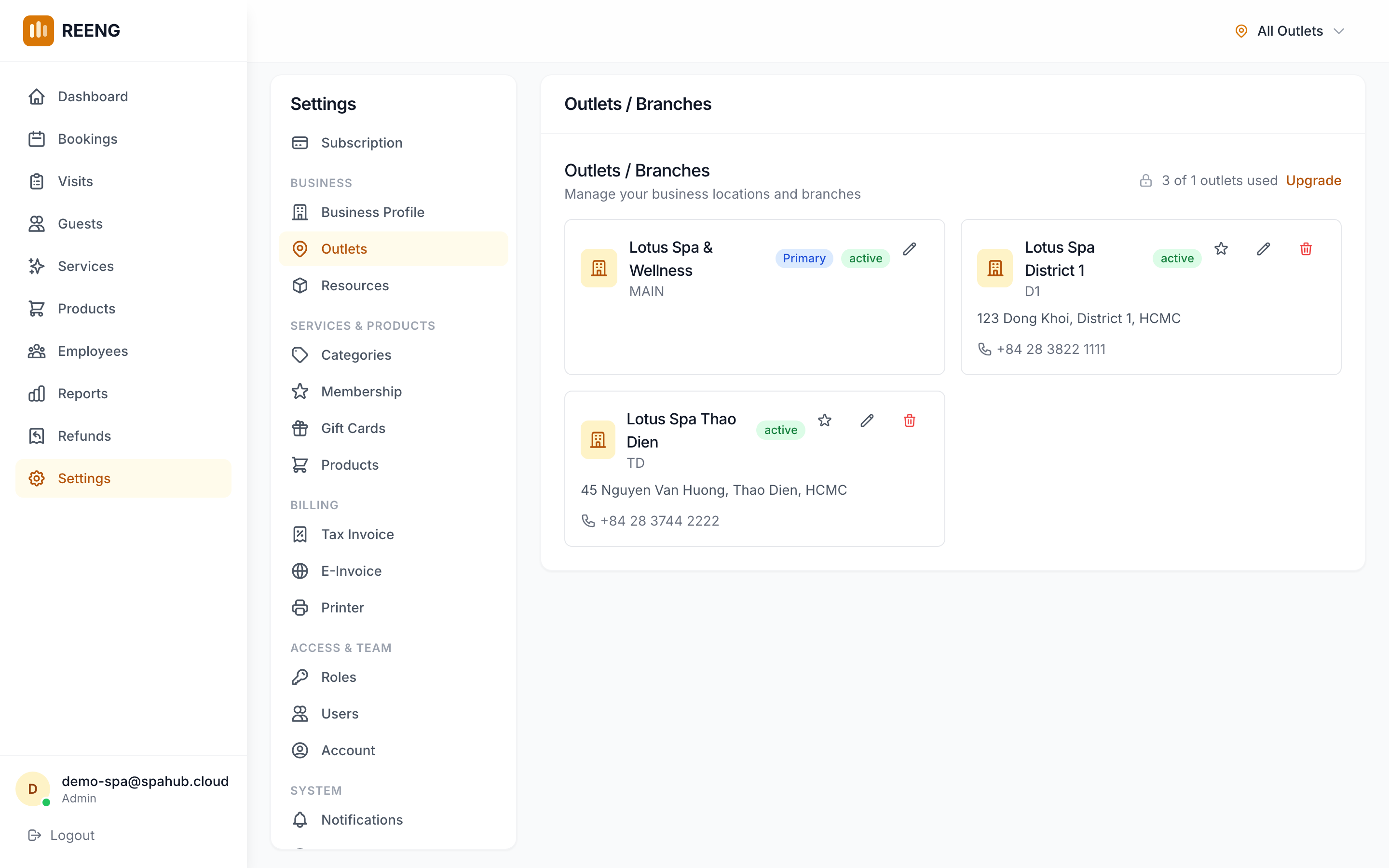 REENG multi-outlet settings showing 3 branches