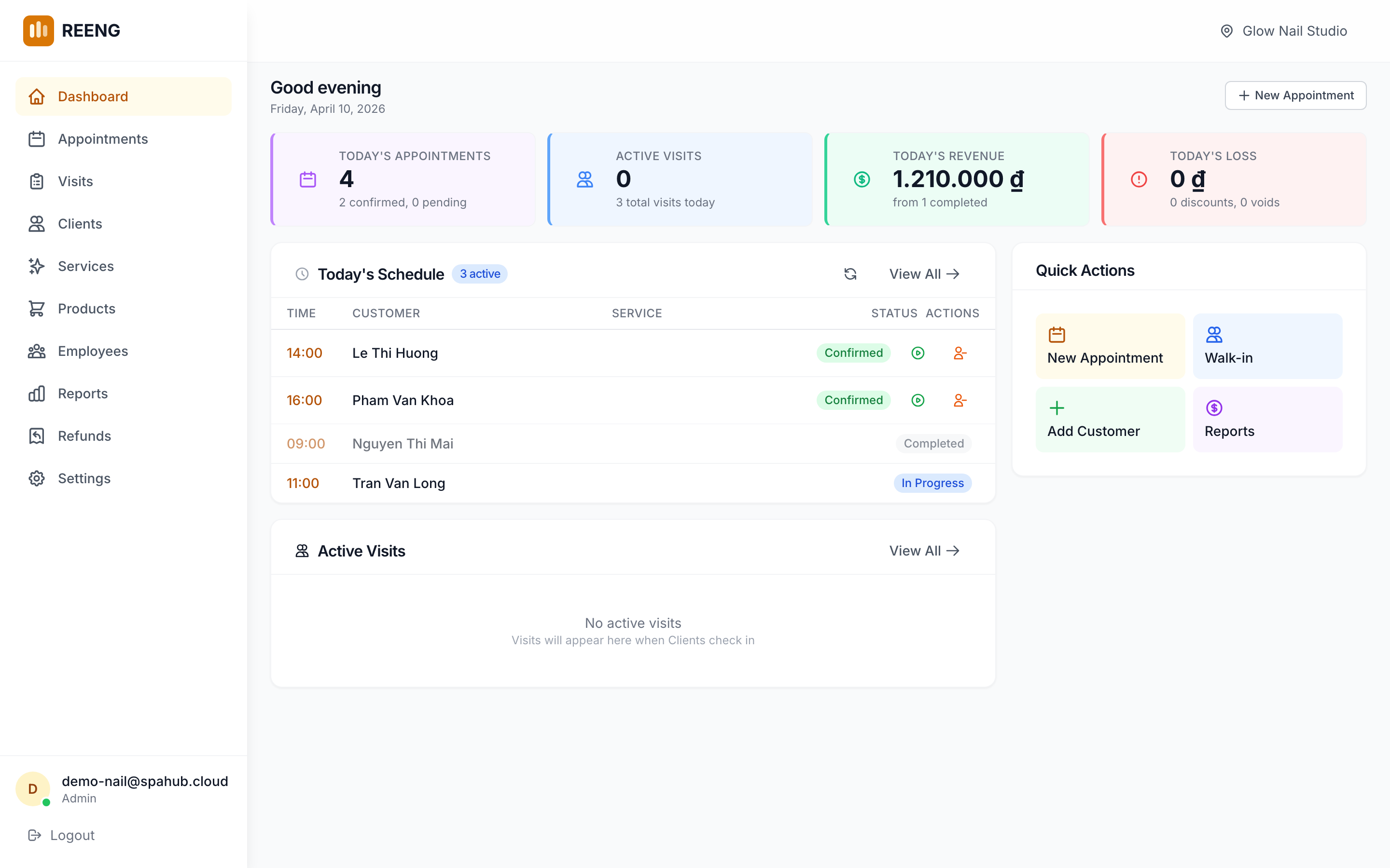 Glow Nail Studio dashboard in REENG