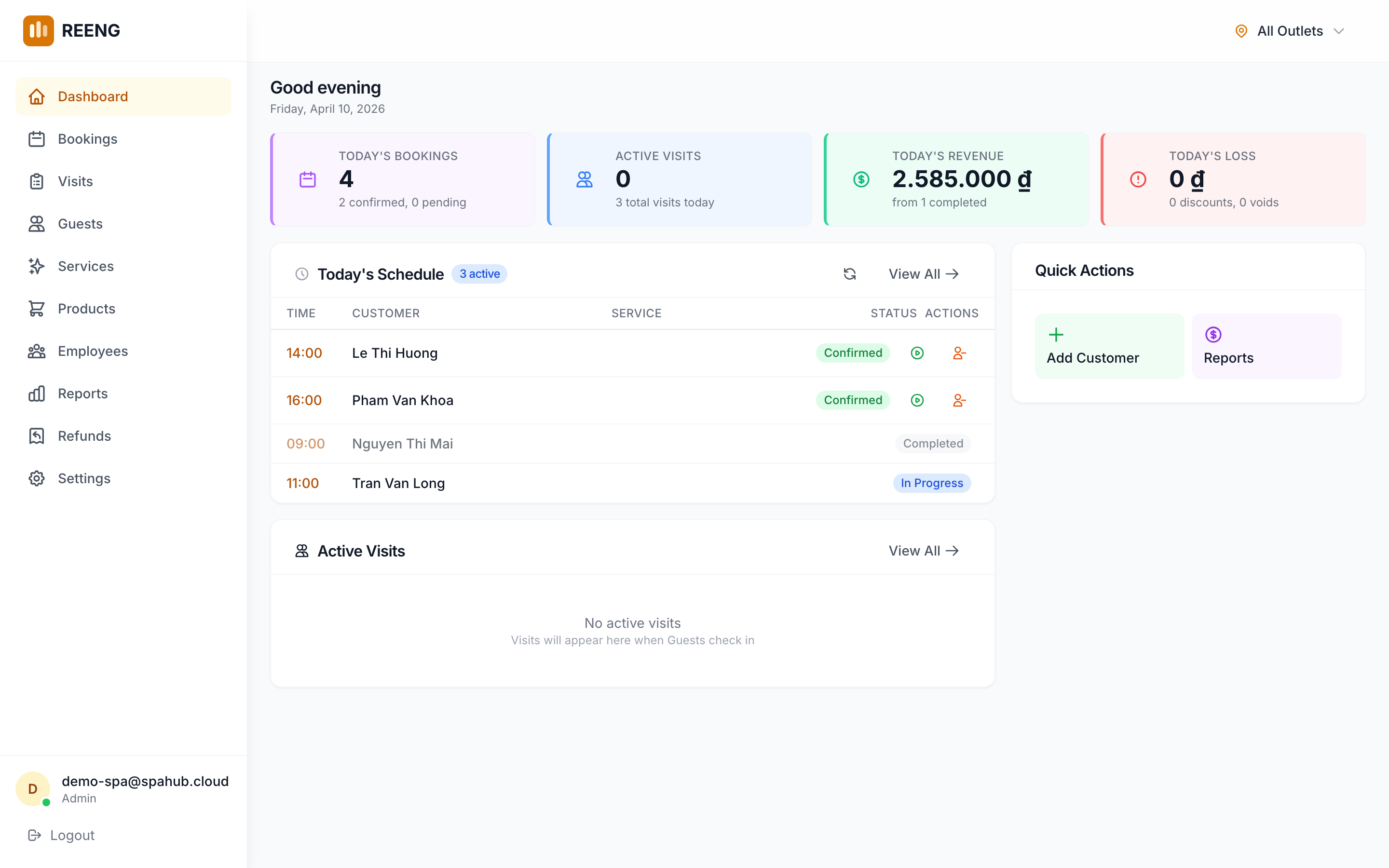 Lotus Spa & Wellness dashboard in REENG
